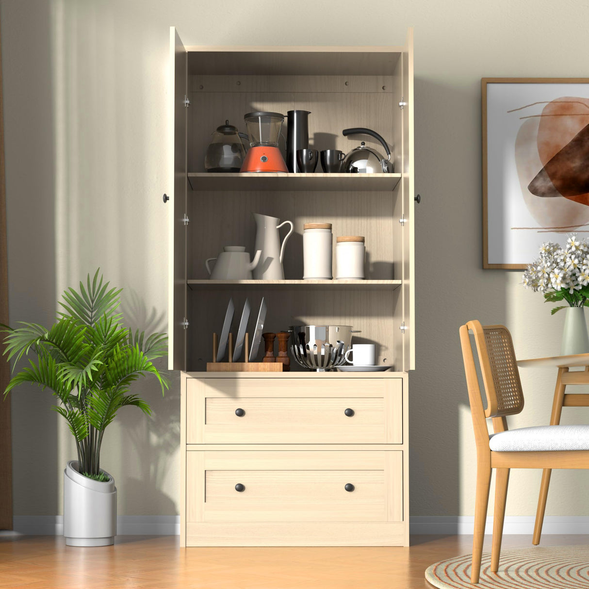 DIYART Rattan Oak Kitchen Pantry Cabinet, 64.2" Tall Kitchen Storage Cabinet with Doors and Drawers, Freestanding Wooden Storage Cabinet for Kitchen, Dining Room DIYART