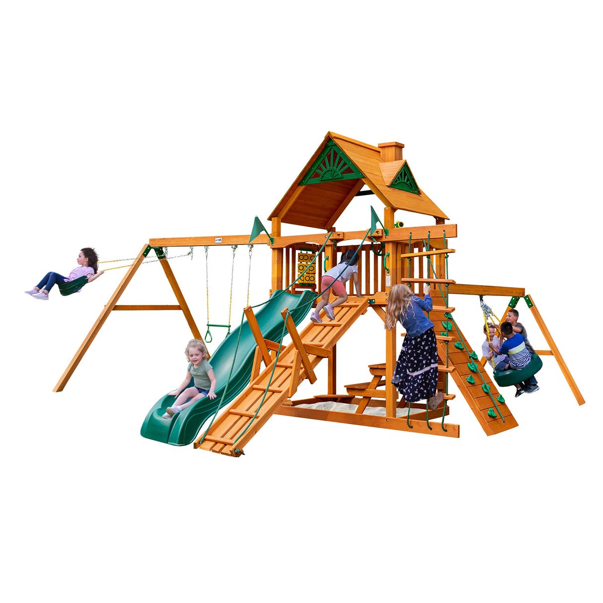 Gorilla Playsets 01-0004-AP Frontier Wood Swing Set with Wood Roof, Tire Swing, Two Belt Swings, Picnic Table, Sandbox, Rock Climbing Wall, Amber Gorilla Playsets