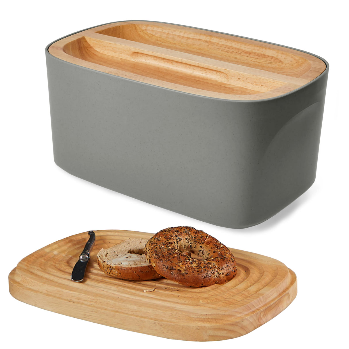 Sonder Los Angeles, Modern Bamboo Fiber (Charcoal) Bread Box for Kitchen Countertop with Reversible Wood Serving Lid, Homemade Bread Storage 14.25 x 9.25 x 7in, Storage Bin and Bread Container Sonder Los Angeles