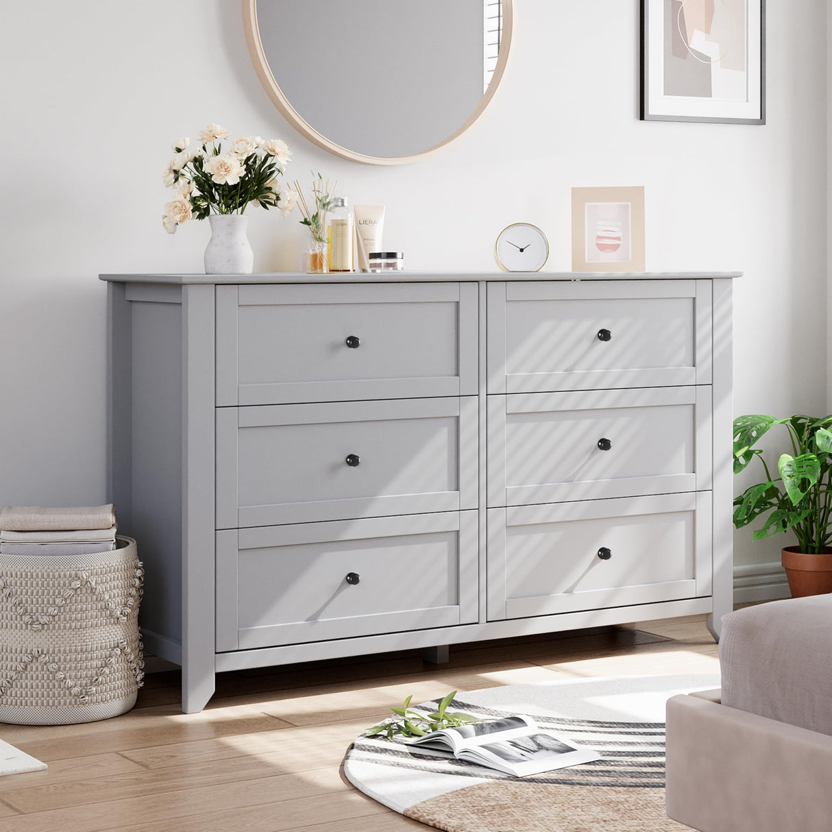 GAOMON 6 Drawers Dresser for Bedroom, 53.9" W Farmhouse Wood Dressers & Chest of Drawers for Clothes, Tall Storage Dressers Organizer with Deep Drawers for Living Room, Closet, Hallway, Grey GAOMON