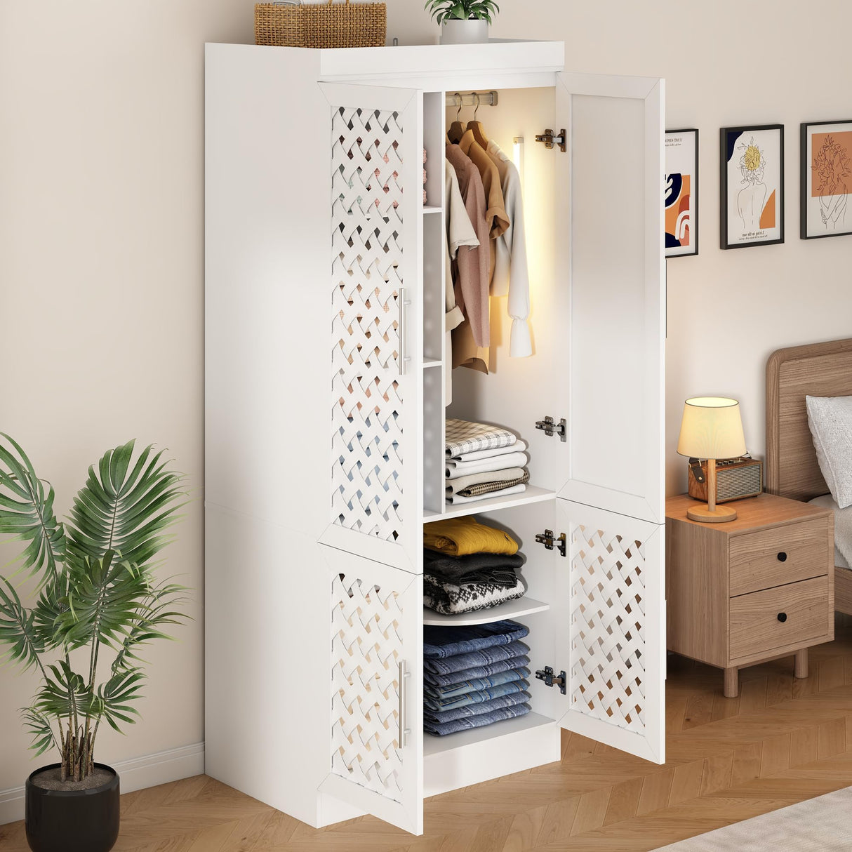 chartustriable Armoire Wardrobe Closet with Woven Doors and Mirror 75.6" Large Armoire Wardrobe Cabinet with Storage Drawers and Hanging Rail, Freestanding Closets for Bedroom chartustriable