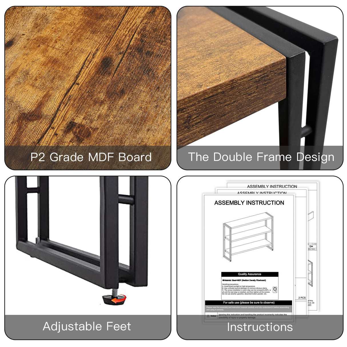 Rustic Wood and Metal 3-Tier Industrial Bookshelf – Perfect for Home Office, Bedroom, Kitchen, or Bathroom (47in) HCHQHS