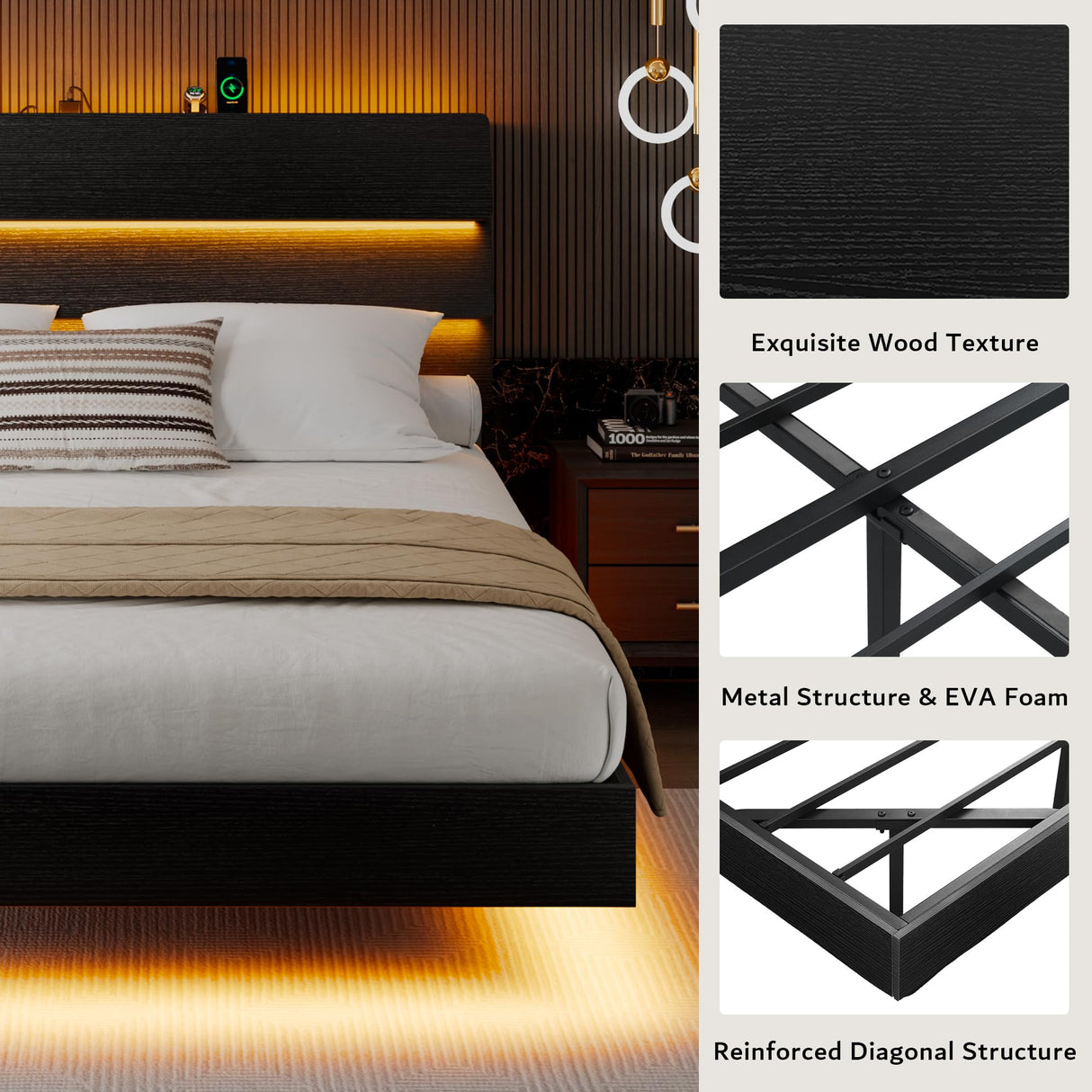 iPormis King Size Floating Bed Frame with LED Lights & Charging Station, Platform Bed with Wooden Storage Headboard, Steel Slats Support, No Box Spring Needed, Easy Assembly, Noise-Free, Black iPormis