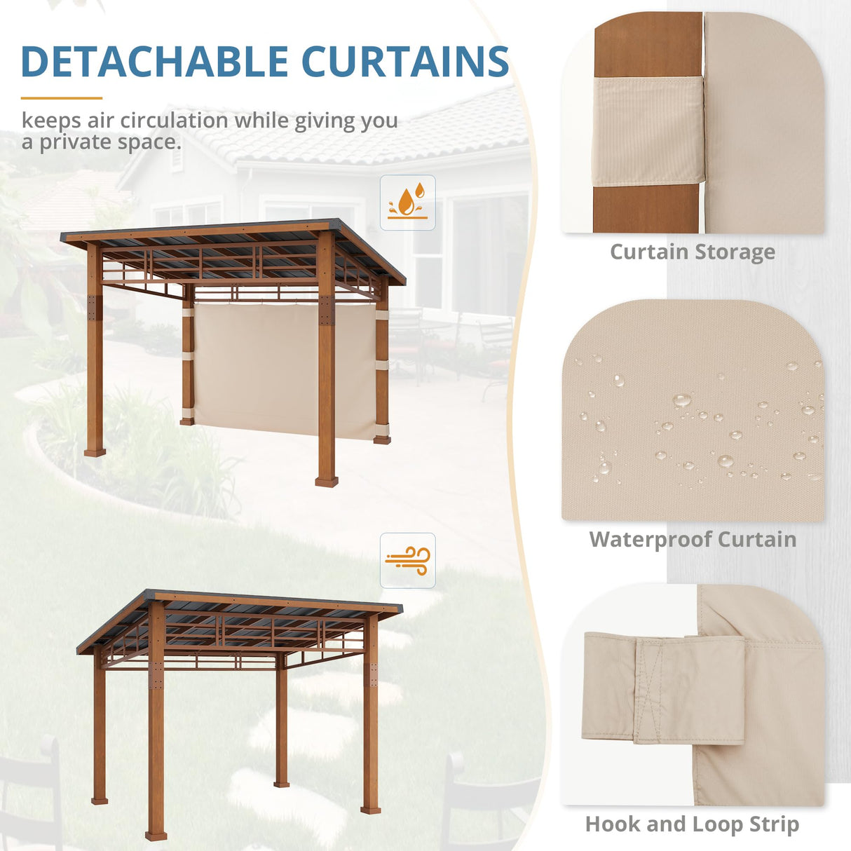 LUE BONA 10x12 Hardtop Lean to Gazebo, Outdoor Pergola Metal Roof Gazebo with Wooden Frame, Permanent Patio Gazebo Canopy with Curtains, Pavilion Grill Gazebo for Backyard, Garden, Deck, Patio LUE BONA