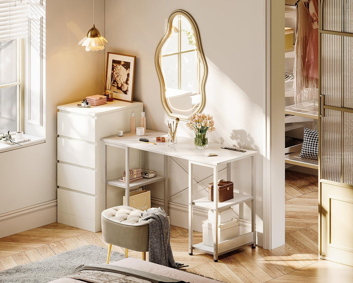 AODK 40 Inch Small Writing Desk with Power Outlets & USB Charging Port, Computer Desk for Small Spaces Home Office, Student Laptop PC Desks with Storage Shelves, Kids Desk, White AODK