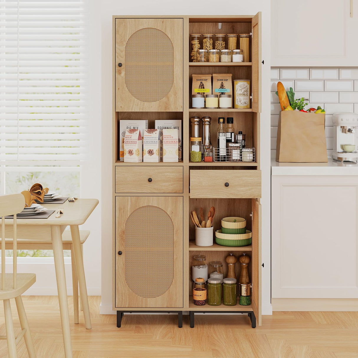 Tangkula 67" Tall Bathroom Storage Cabinet, Narrow Rattan Linen Tower with Doors, Adjustable Shelves & Drawer, Freestanding Floor Cabinet for Living Room, Kitchen, Dining Room, Office, Natural Tangkula