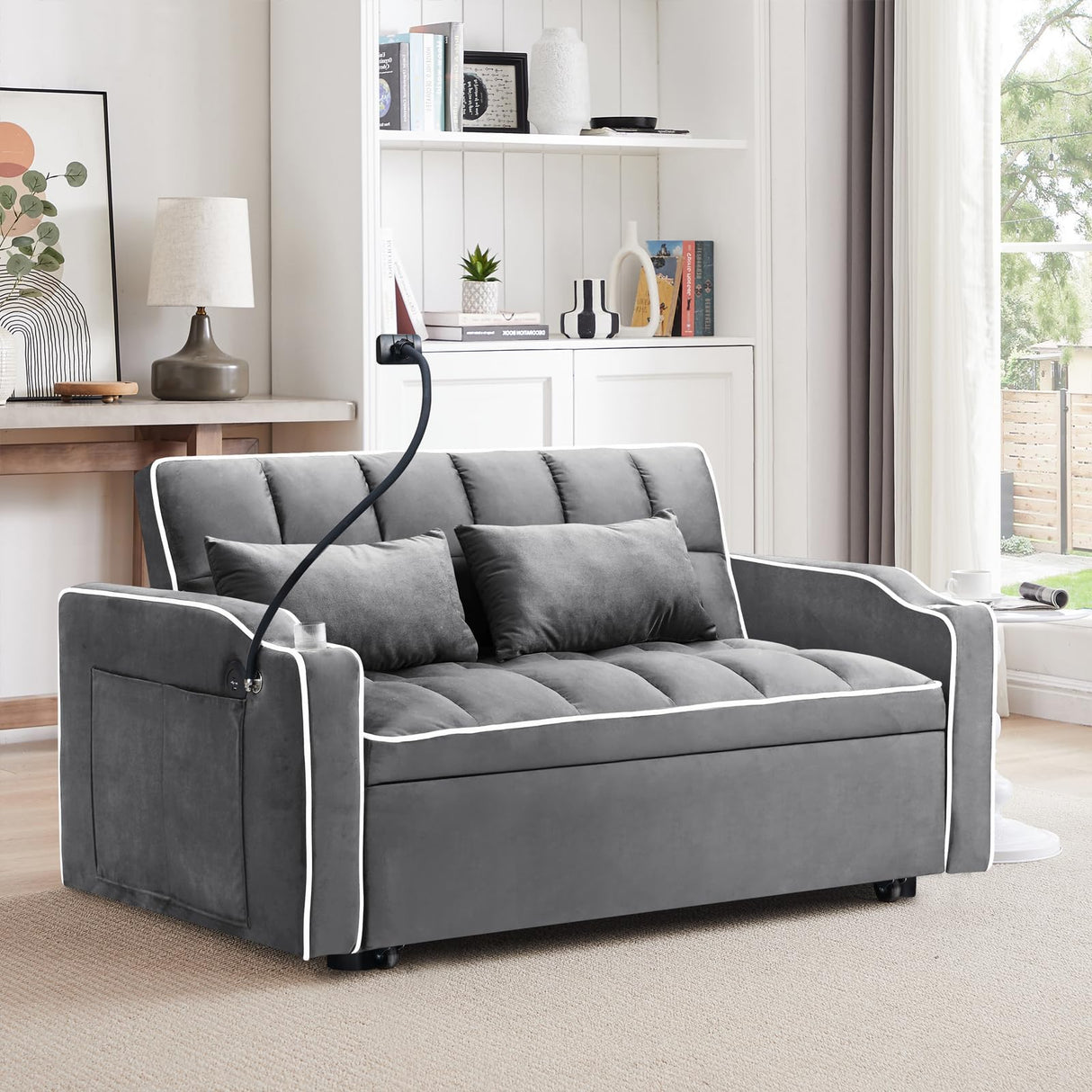 Convertible Sofa Bed,3-in-1 Velvet Sleeper Couch Pull-Out Bed,55'' Loveseat Sleeper Sofa Bed with Adjustable Backrest with 2 Pillows and Storage Bag & USB Port and Swivel Phone Stand,Dark Gray WIIS' IDEA