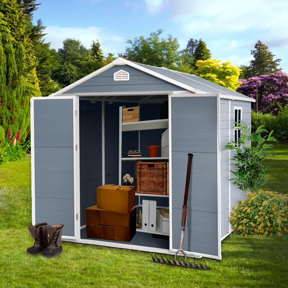 6ft×4ft Resin Outdoor Storage Shed,Outdoor Storage Shed with Floor & Window to Store Patio Furniture, Garden Tools Bike Accessories, Beach Chairs and Lawn Mower. (6ft×4ft) JT
