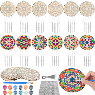Silipull 24 Sets Mandala Wind Chimes Craft for Kids Color Your Own Windchime DIY Unfinished Wood Hanging Ornaments Coloring Wind Chime for Kids Gifts School Home and Party Supplies