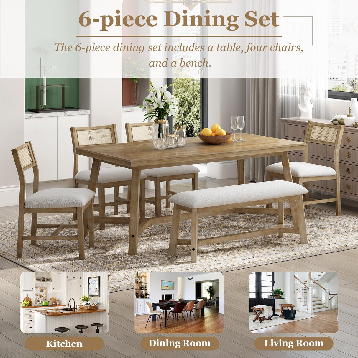 Wood Dining Table Set for 6 with 4 Chair & Bench, 6-Piece Rectangular Kitchen Table Set with 4 Upholstered Chairs & Bench Retro Dining Room Set for Dining Room (Natural Wood Wash) Harper & Bright Designs