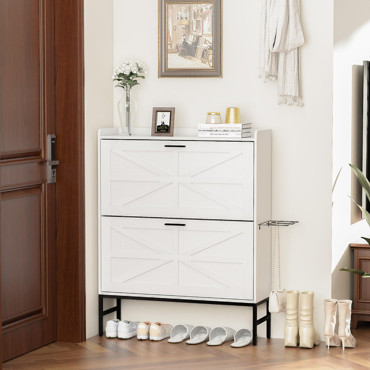 RKVPCNE Shoe Storage Cabinet Wood Shoe Organizer with 2 Flip Drawers and 1 Boot Rack Hidden Shoe Organizer Cabinet Flip Down Shoe Rack for Entryway Foyer Hallway(White) RKVPCNE