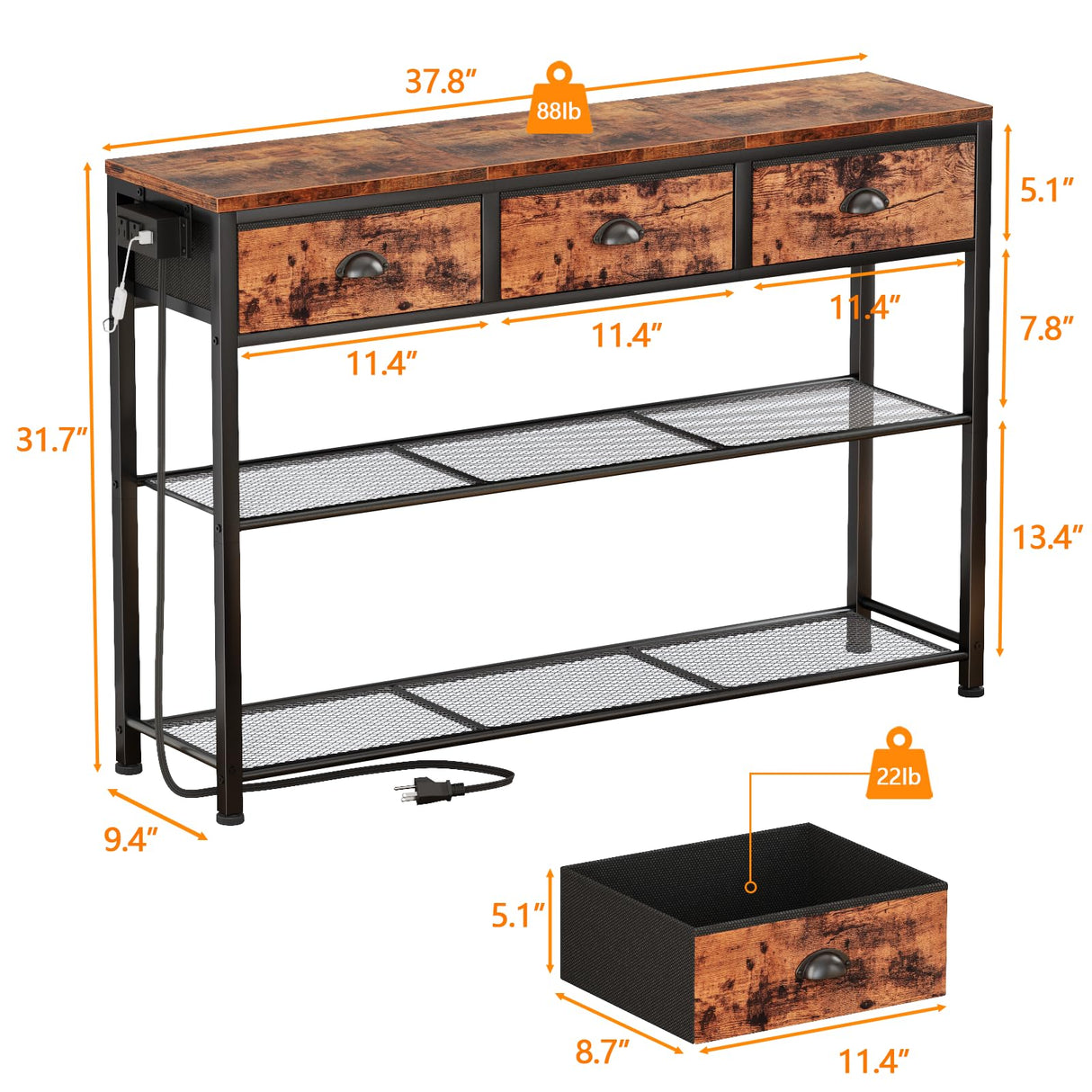 Furologee Console Table with Charging Station & 3 Fabric Drawers, 38'' Entryway Table with Storage Shelves and LED Light, Industrial Foyer Table for Entry Way, Display Shelf for Hallway, Rustic Brown Furologee