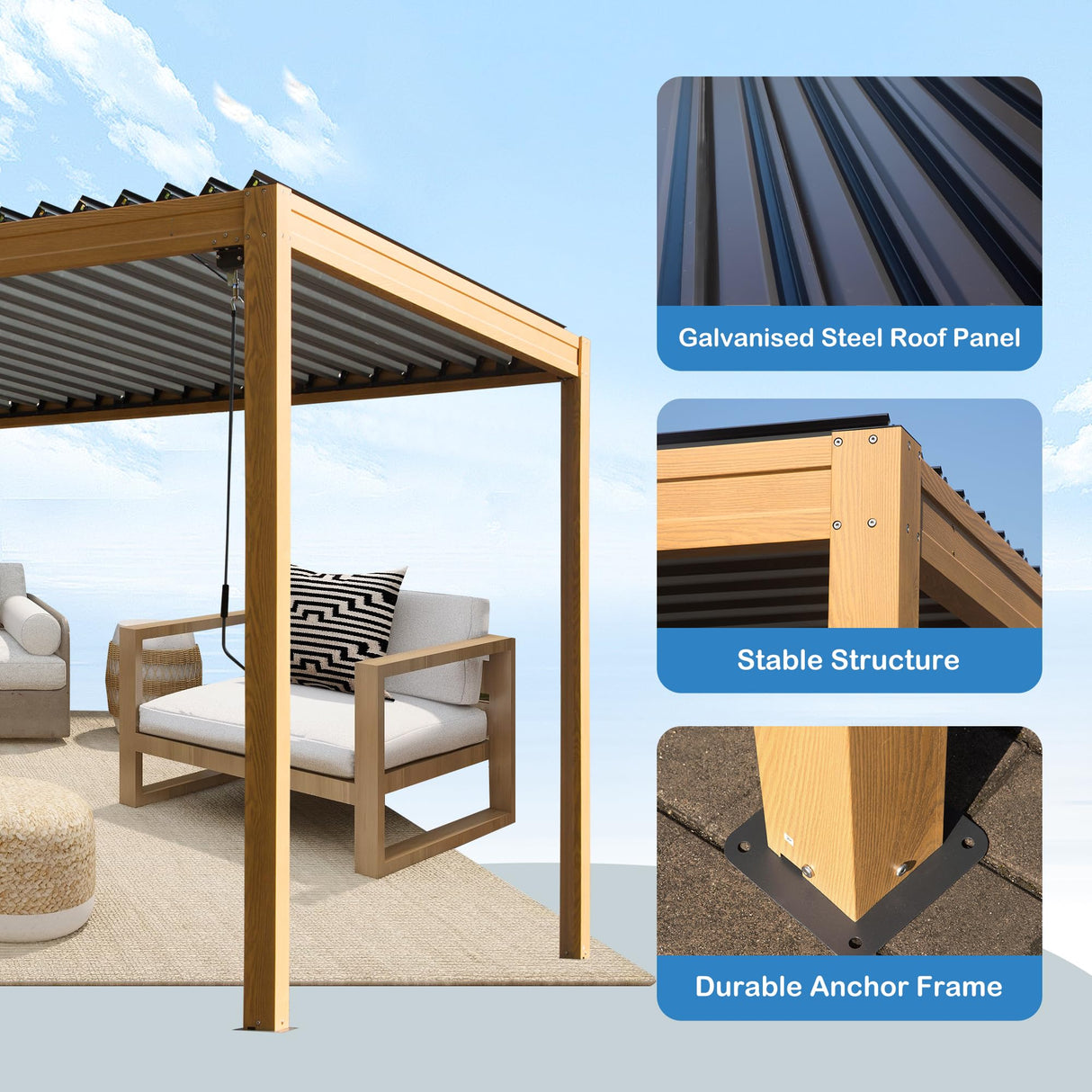 SHPAI 10’ x 13’ Louvered Pergola, Outdoor Pergola Aluminum Frame with Adjustable Rainproof Metal Roof, Permanent Sun Shade with Drainage System for Backyard, Garden and Lawn (Wooden Grain) SHPAI