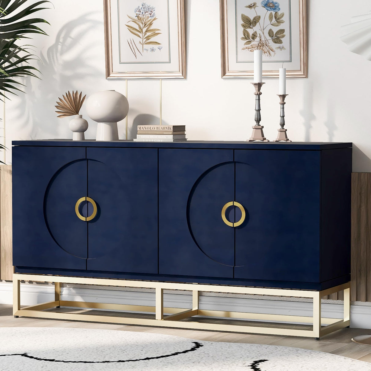 Amposei Sideboard Buffet Cabinet 59.8-Inch Wooden Credenza Console Storage Cabinet Entryway Table Cabinet with Storage & Adjustable Shelves for Living Room Entrance Kitchen, Navy Blue Amposei