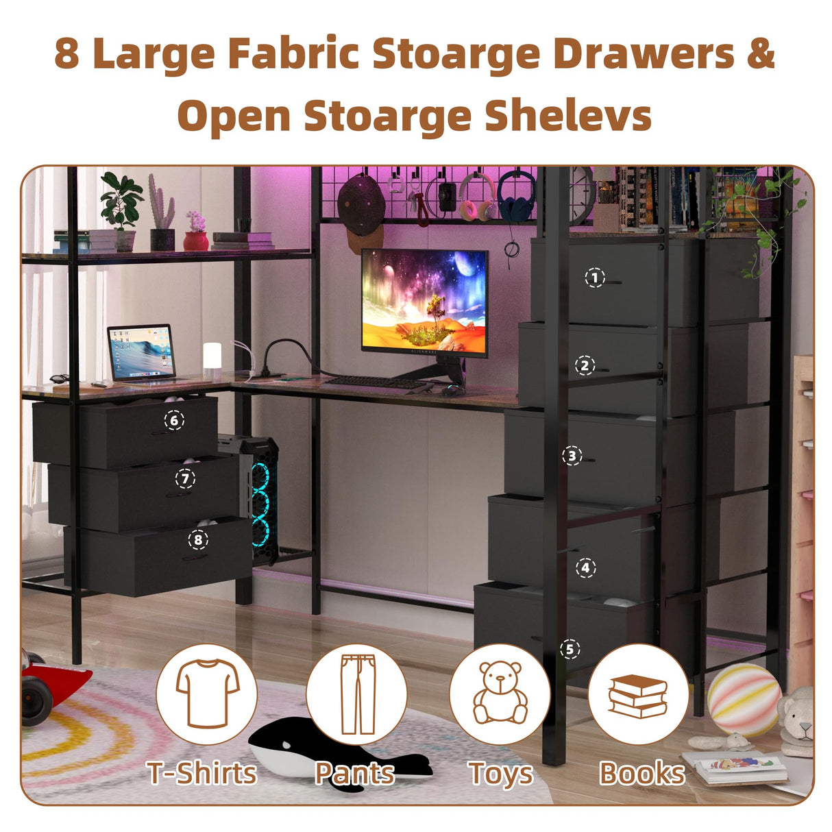 SAHISTCT Twin Size Loft Bed with Desk, LED Lights, Charging Station, Industrial Loft Bed Frame with 3 Storage Shelves and 8 Fabric Drawers, Safety Guard & Ladder,LED Metal Twin Size Bunk Bed SAHISTCT