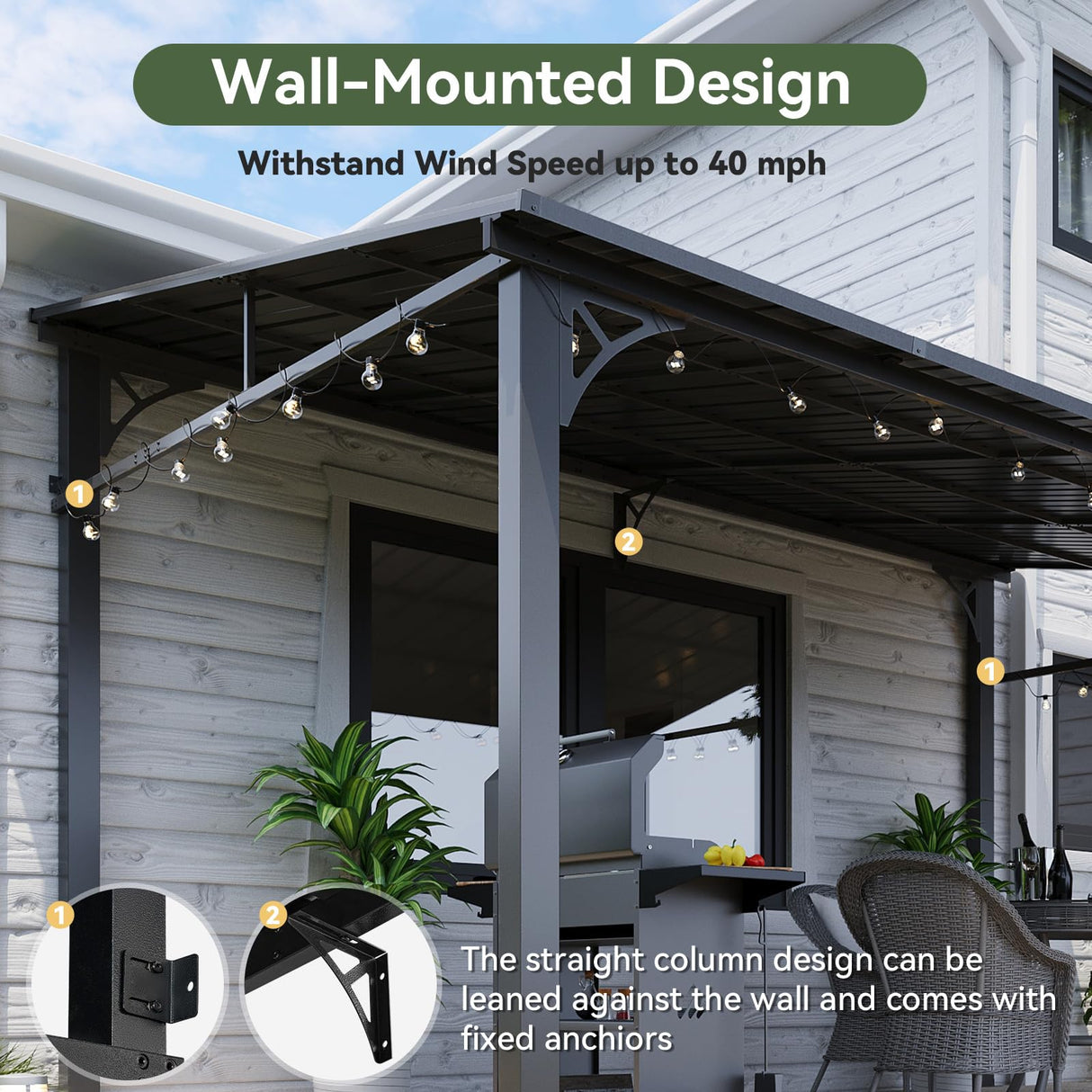 Aoxun 10' x 14' Lean to Gazebo, Upgraded Hardtop Outdoor Pergola with Sloping Galvanized Steel Roof, Large Wall-Mounted Heavy Duty Awnings for Patio, Backyard, Deck, Porch (Black) Aoxun