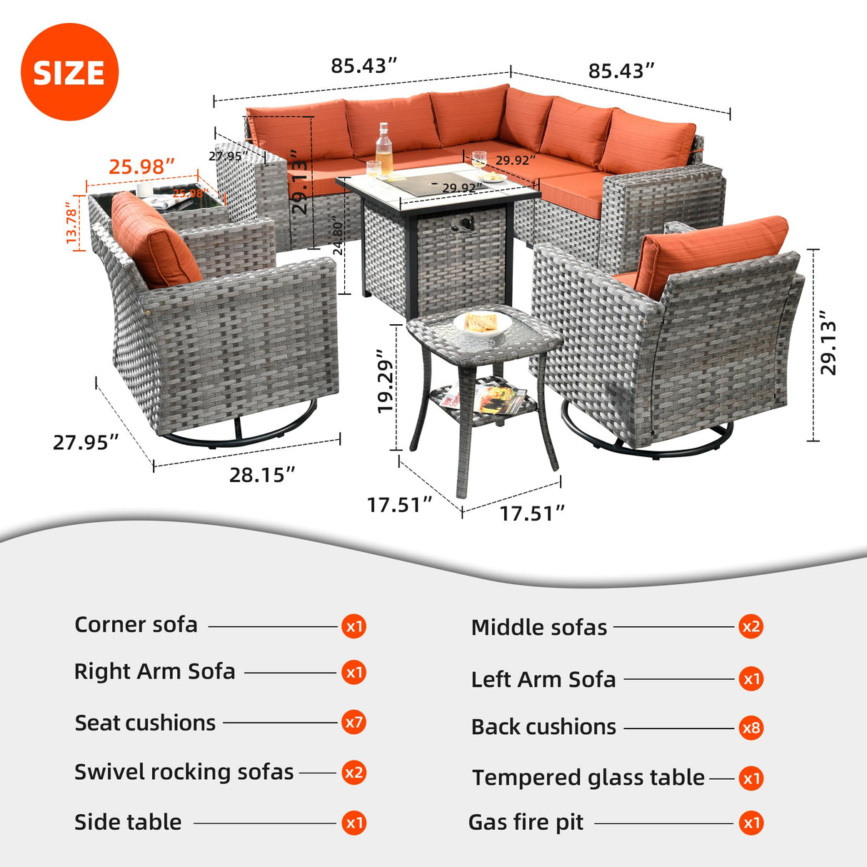 HOOOWOOO 10 Piece Modular Patio Outdoor Sectional Furniture Set with Gas Propane Fire Pit Table,Wicker Conversation Sofa Set with Swivel Chairs,Outside Couch Set(Orange Red) HOOOWOOO