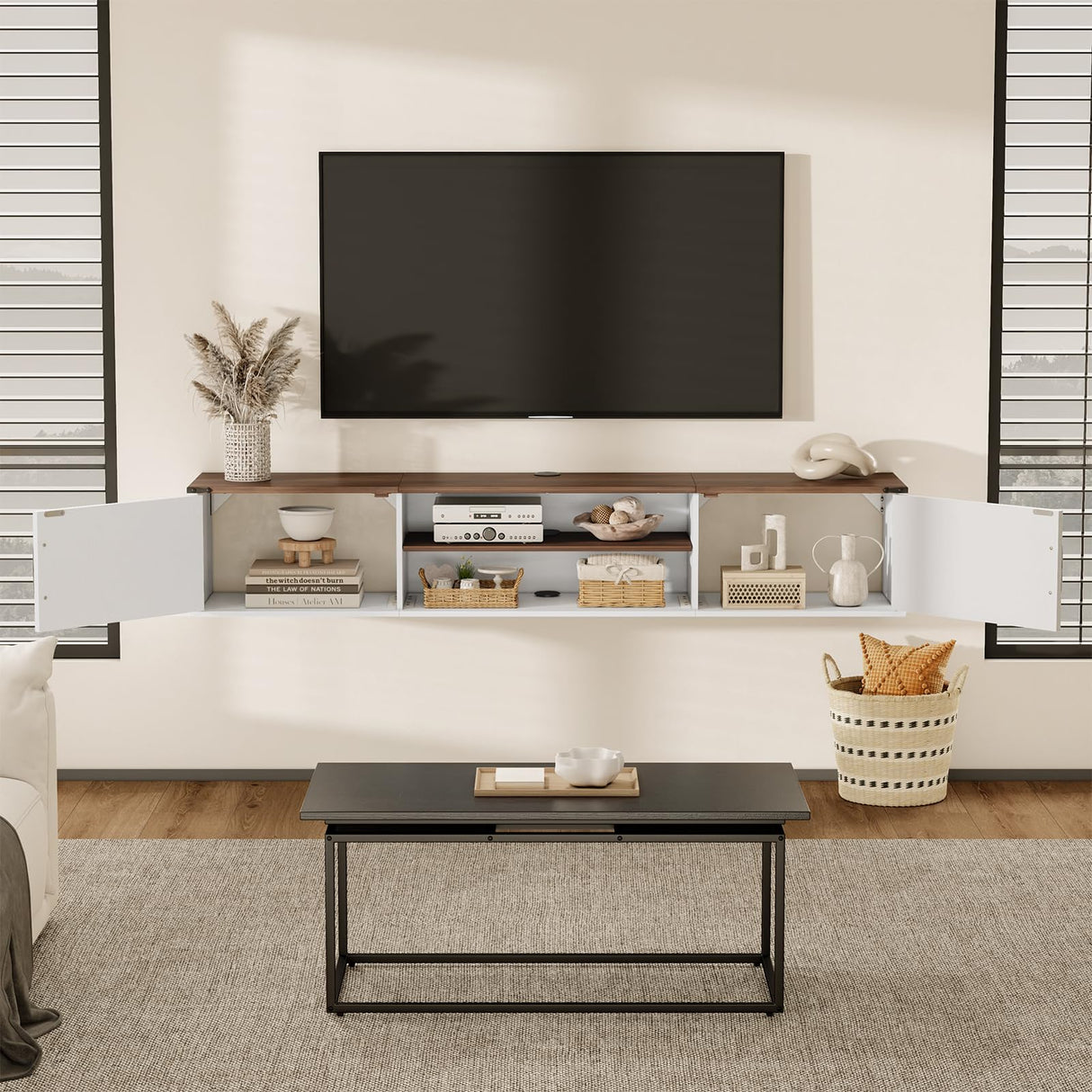 Floating TV Stand with Doors, 63'' Farmhouse Floating TV Shelf for TVs up to 80 Inch, 2 Tier Wall Mounted TV Stand, Floating Entertainment Center, TV Floating Cabinet for Living Room, Bedroom, White ALLSTAND