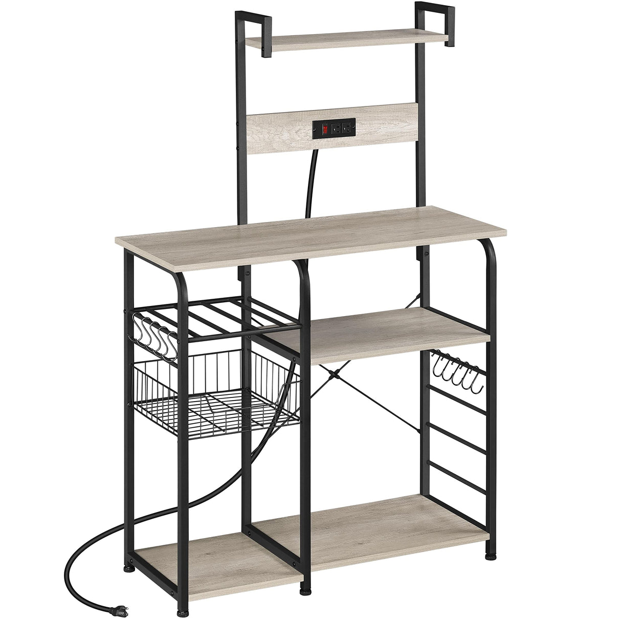 Yaheetech Bakers Rack with Power Outlet, 4-Tier Microwave Stand Cart Coffee Bar with Wire Basket and Wine Storage, Freestanding Kitchen Shelf Extra Counter Space, Gray Yaheetech