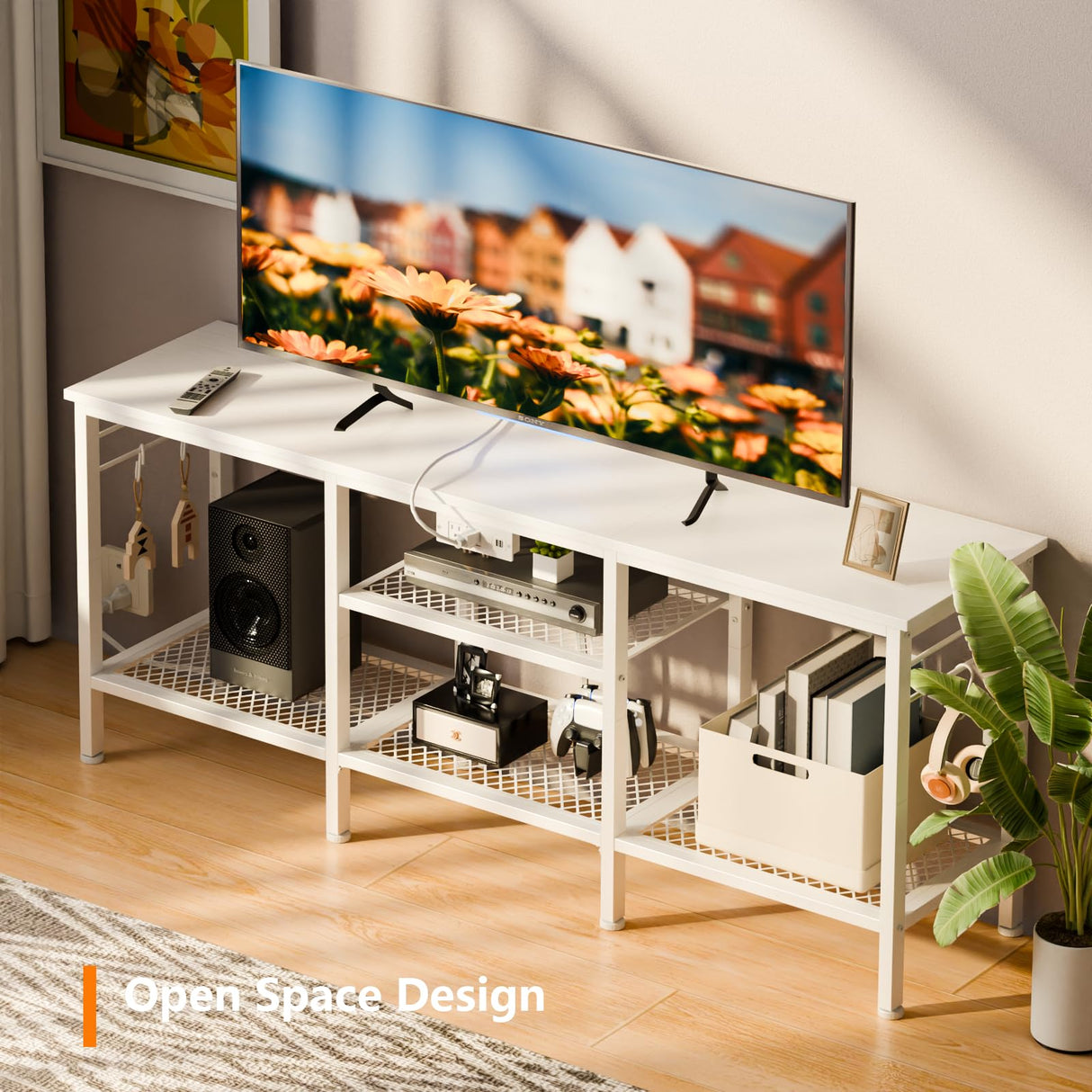 Furologee TV Stand with Power Outlets, Entertainment Center with Open Storage Shelves for TVs up to 55 Inch, TV Media Console Table with Soundbar Shelf for Living Room, Bedroom, White Furologee
