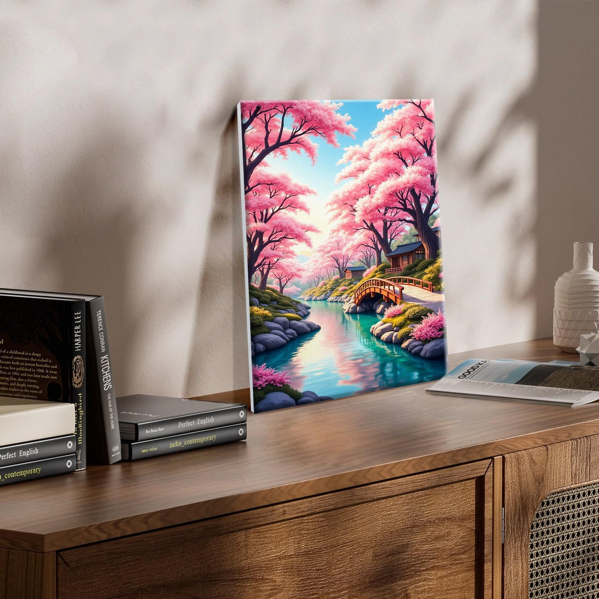 JOOZ Landscape Paint by Numbers Kit for Adults Framed Cherry Blossom Paint by Number with Easel Bridge Adult Paint by Number Kits Lake Scenery Oil Painting Kits for Gift Home Wall Decor 8x12 Inch JOOZ