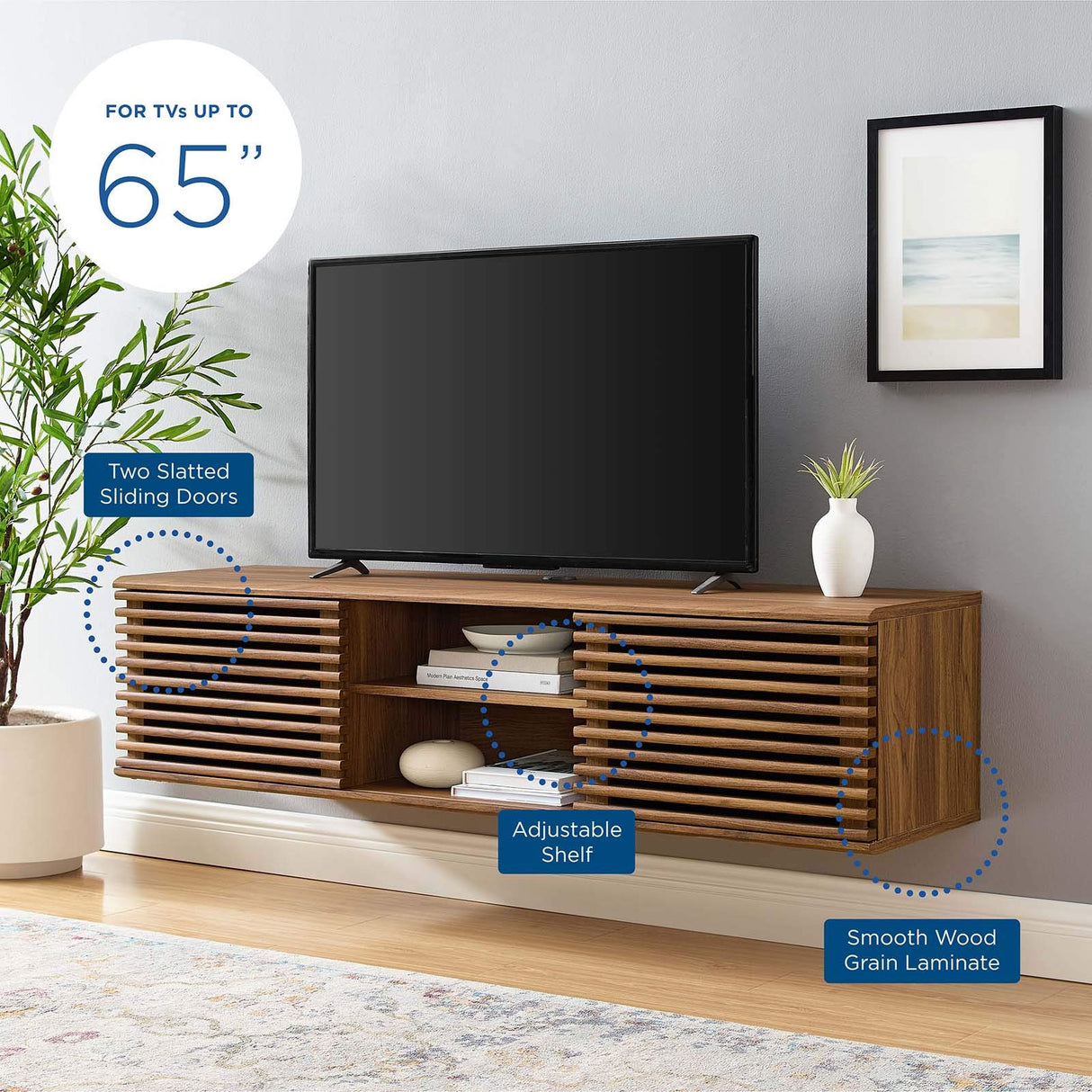 Modway Render 60" Mid-Century Modern Wall Mount Media Console TV Stand, 60 Inch, Walnut Modway