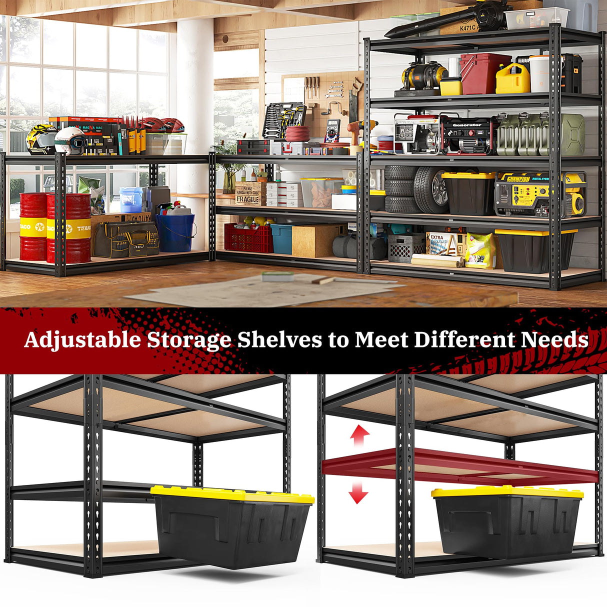 REIBII 2500LBS Garage Shelving 72''H Storage Shelves Heavy Duty Shelving 5 Tier Metal Shelves for Garage Shelves Adjustable Shelving Units and Storage for Closet Pantry Shelf, 39.4"W x 72"H x 19.7"D REIBII