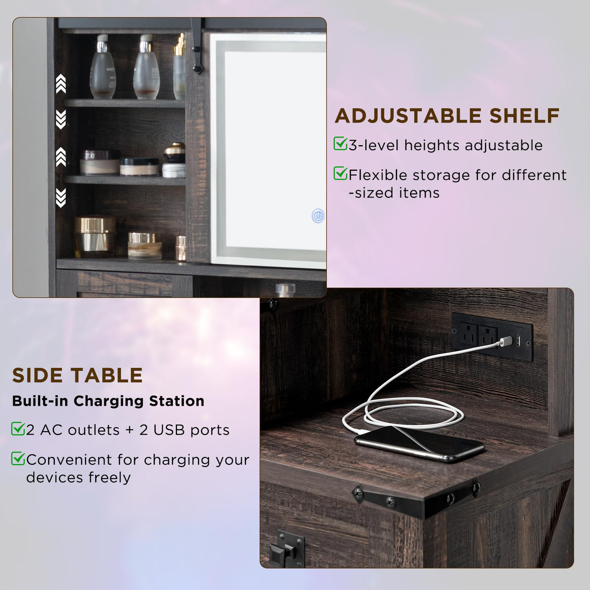 T4TREAM 48'' Farmhouse Makeup Vanity Desk with Sliding HD Mirror and Lights, Big Modern Lighted Vanity Table with 7 Drawers & Shelves, Rustic Large Dressing Table for Bedroom, Dark Rustic Oak T4TREAM