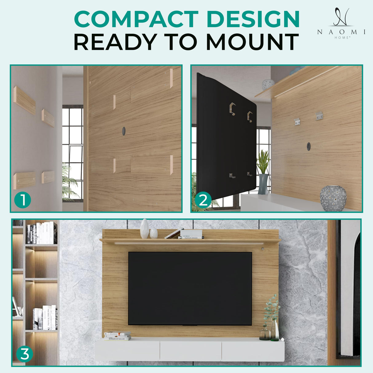 Modern Freestanding Floating Entertainment Center Floating TV Stand Wall Mounted TV Wall Panel for 75 inch TVs Home Theater with LED Strip Pull - Out Drawers and Overhead Shelf Natural Naomi Home