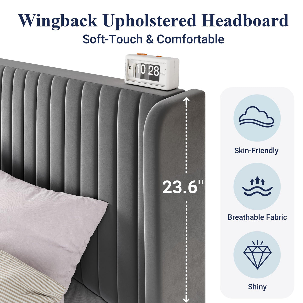 Allewie Full Size Velvet Bed Frame/Vertical Channel Tufted Wingback Headboard/Upholstered Platform Bed/Strong Wooden Slats/No Box Spring Needed/Easy Assembly/Grey Allewie