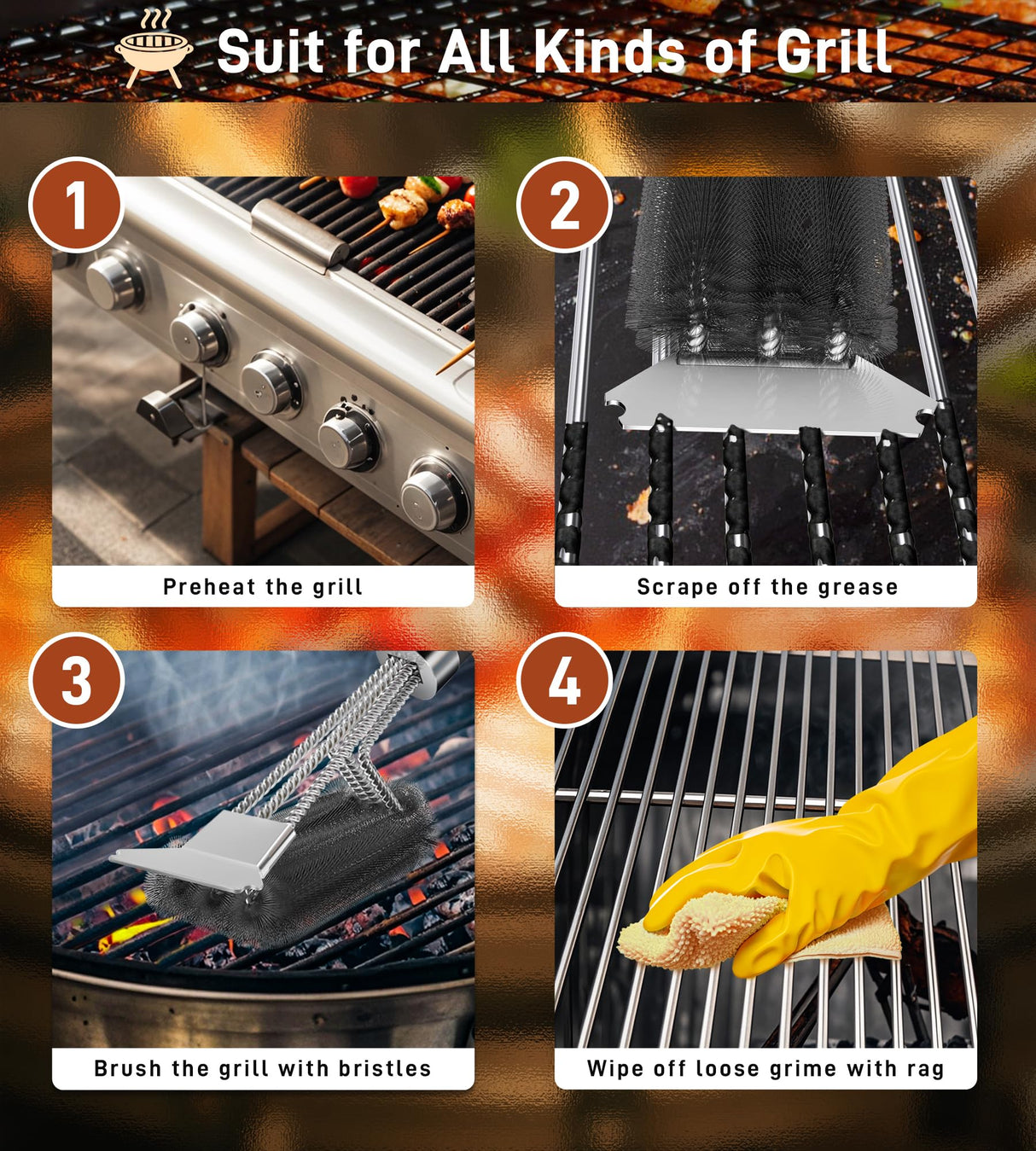 PePeng Grill Brush with Scraper, Non-Slip Handle, Bottle Opener, 3 in 1 Extra Strong BBQ Cleaner Accessories, Deep Clearning Brush for Gas/Charcoal Grilling Grates Pepeng