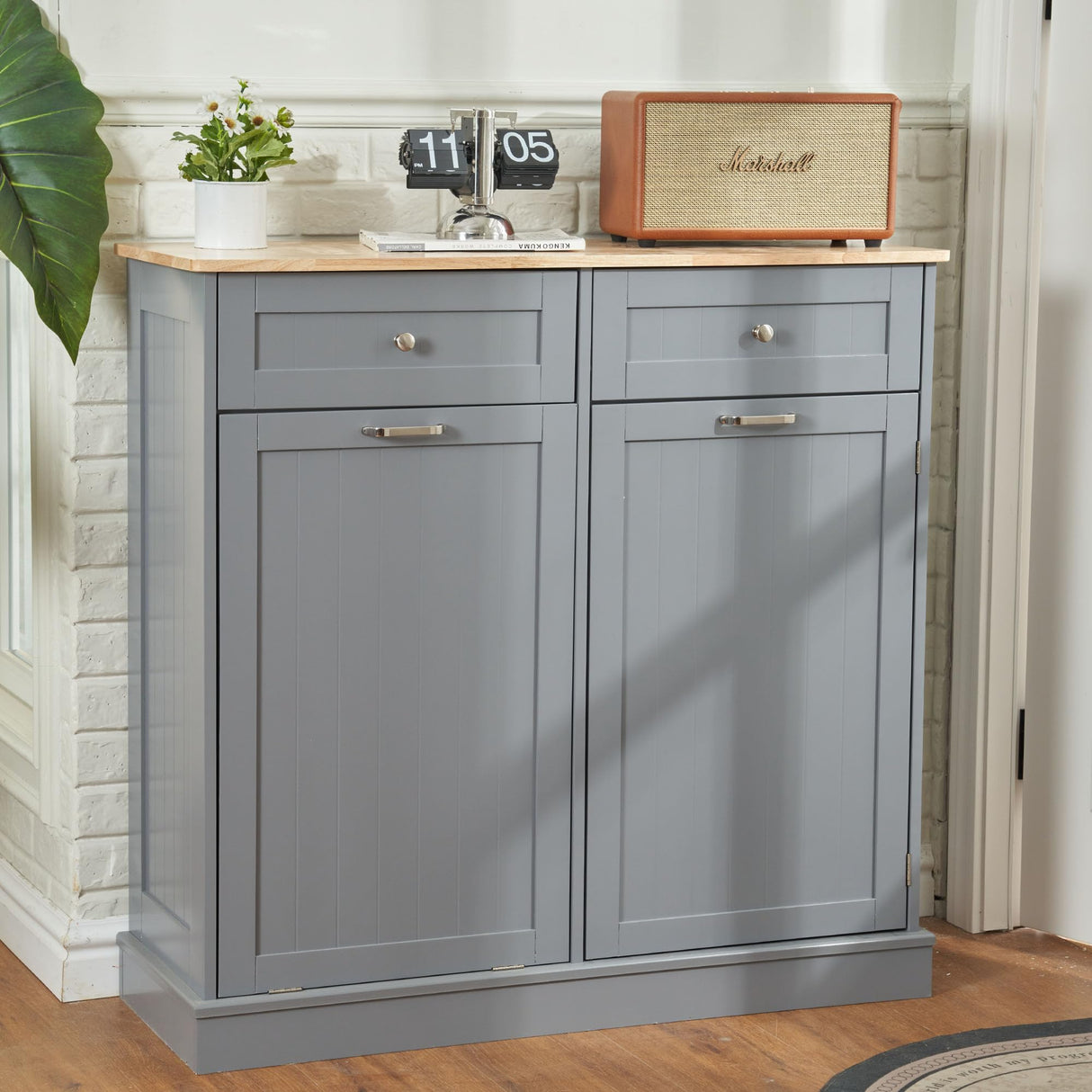 AHB Double Tilt Out Trash Cabinet Kitchen Trash Bin Cabinet 2x13 Gallons Free Standing Recycling Trash Can Cabinet with Hideaway Drawers Pet Proof Trash Can Holder for Kitchen Living Room, Grey AHB