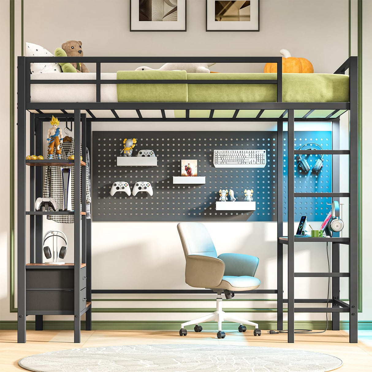 Hasuit Loft Bed Twin Size with Desk and Charging Station Metal Twin Loft Bed with LED Lights, 4 Storage Shelves & 2 Fabric Drawers, Twin Size Loft Bed with Safety Guard, Clothes Rail & Ladder, Black Hasuit
