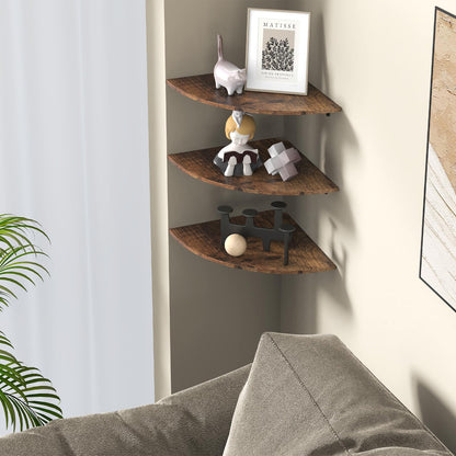 Fixwal Corner Floating Shelves Set of 3, Wall Mounted Shelves for Decor and Storage, Organizer for Bedroom Living Room Bathroom Kitchen (Fanshaped-Rustic Brown)