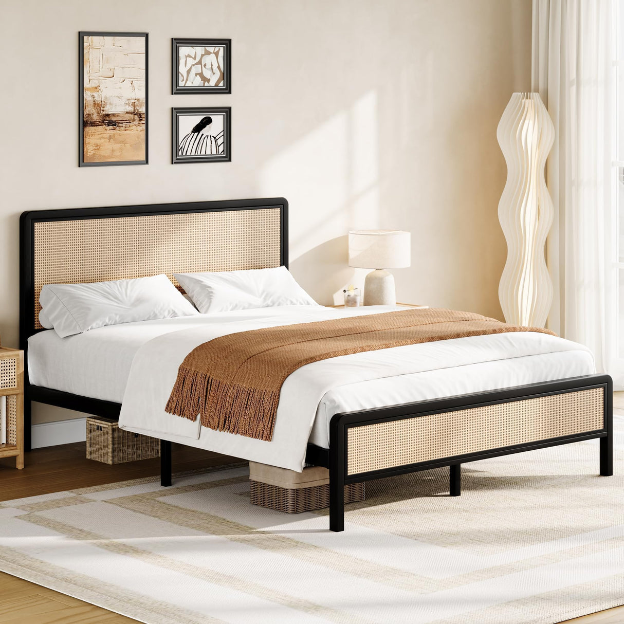 CHABUILDREARK Rattan Bed Frame Queen, Metal Platform Bed with Headboard, Bed Frame Queen Size with Steel Slats Support, No Box Spring Needed, Noise-Free, Easy Assembly, Black CHABUILDREARK
