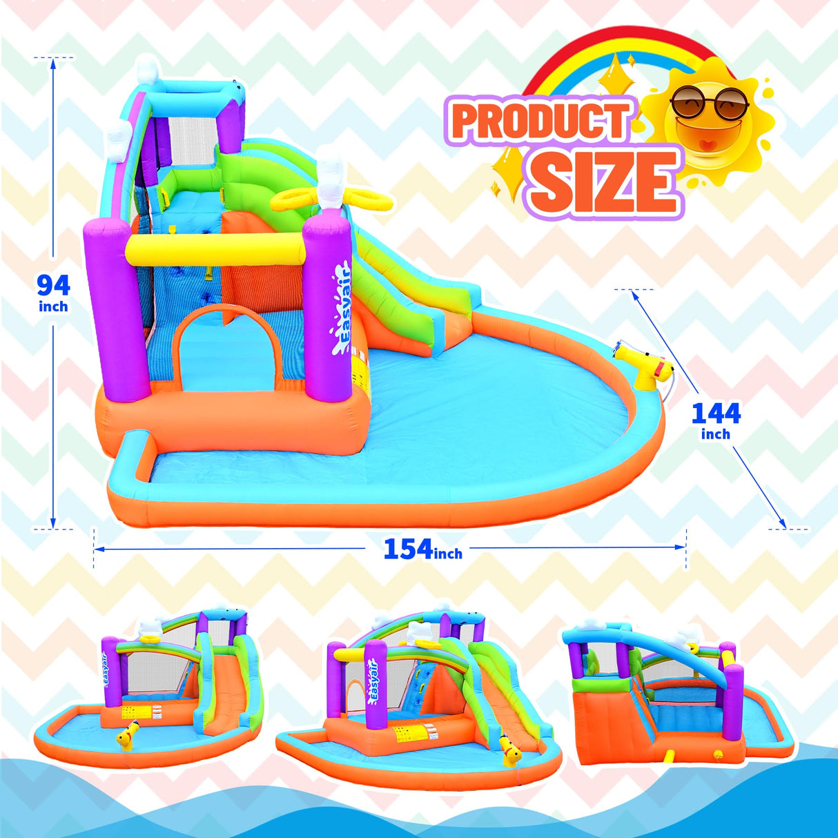 Easyair Inflatable Bounce House Water Slide for Kids, Rainbow Cloud Splash Pool, Indoor Or Outdoor Bouncy Castle, Climbing Wall, 2 Basketball Hoops, Jumper Included 470W Blower Easyair