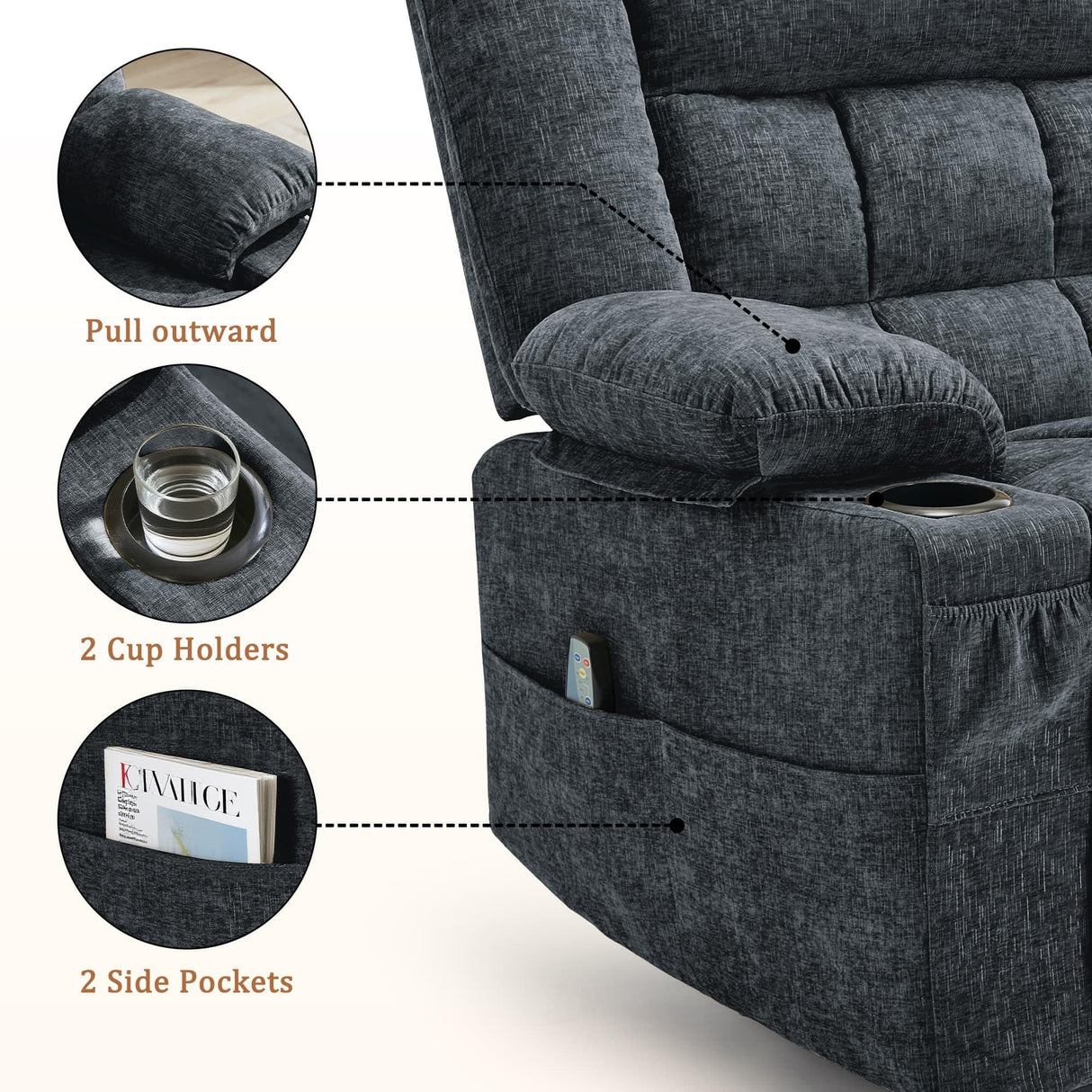 Korser 360° Swivel Rocker Recliner for Adults, Nursery Glider Recliner with Massage and Heating, Rocking Chair with Cup Holder, Manual Recliner Chair for Living Room, Bedroom (Fabric, Dark Gray) Korser