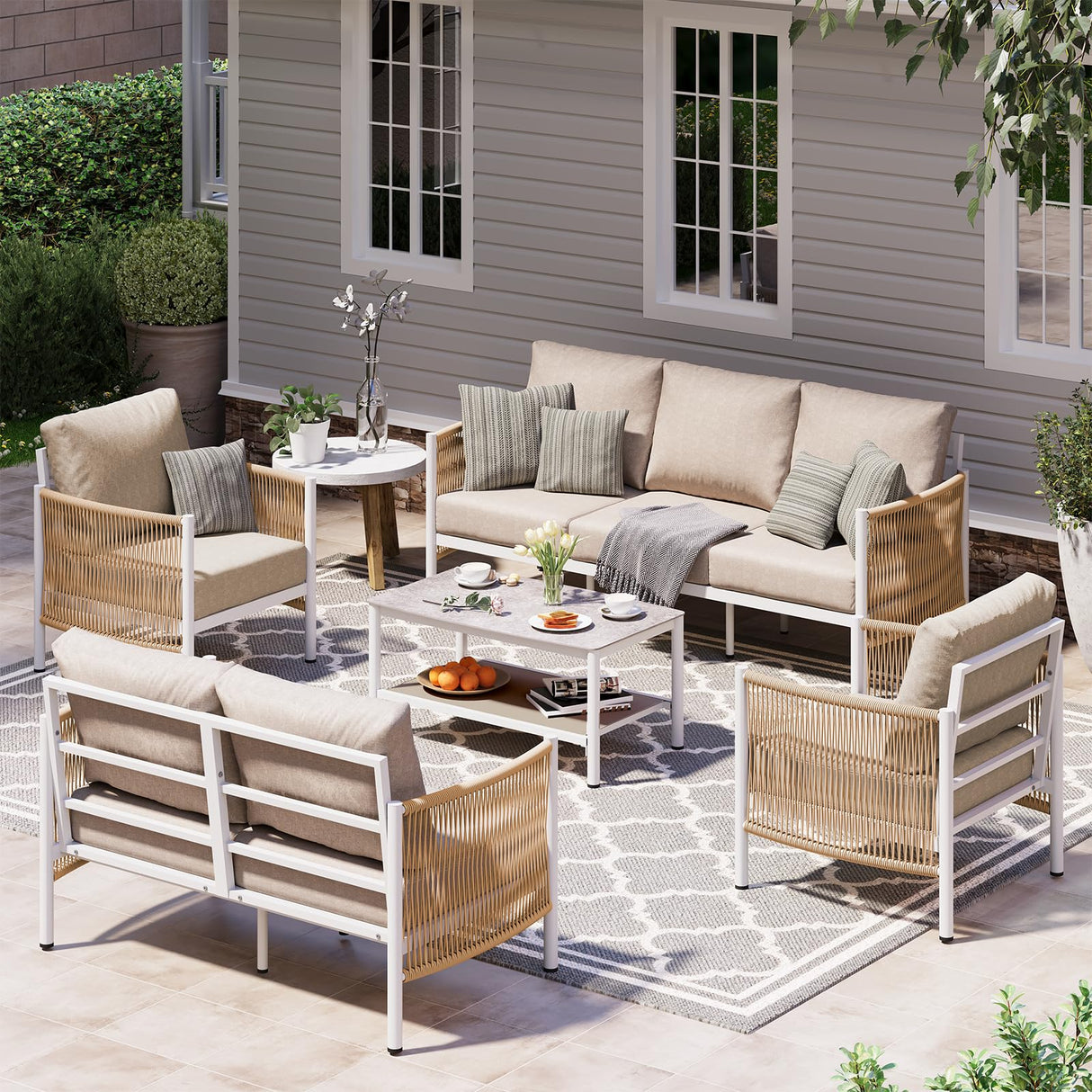 Oasbira Aluminum Outdoor Patio Furniture Set, HDPE Rope 5 Piece Modern Sectional Conversation Sets with Dual-Layer Coffee Table, All Weather Patio Couch Sofa with Thick Cushions, White Frame, Ivory Oasbira