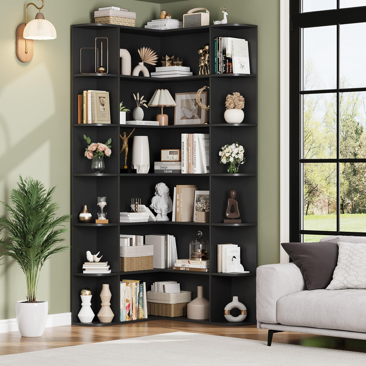 FOTOSOK 74” Tall Corner Bookshelf, 6-Tier Bookshelf and Bookcase with Open Storage, L Shaped Tall Bookcases Wooden Storage Shelves for Home Office, Thickened Boards for Better Load Bearing, Black FOTOSOK