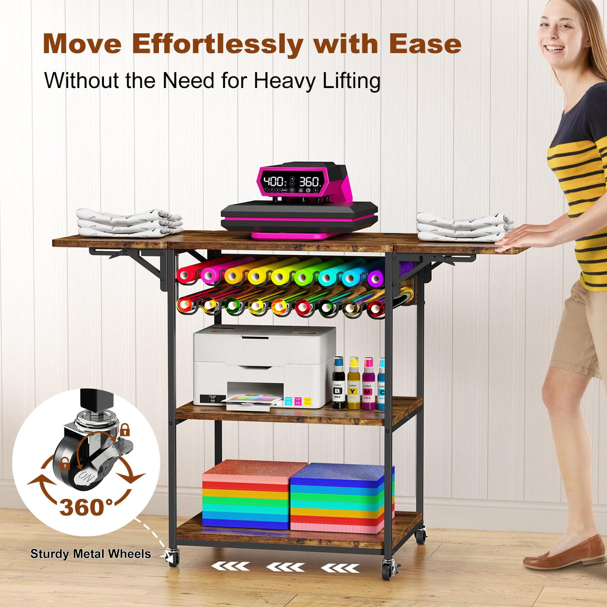 EasyCom 19.7"x46.5" Heat Press Table with 18 Vinyl Roll Holders, Adjustable Height 3 Tier Heat Transfer Machine Stand with Wheels, Foldable Crafting Table for DIY Sublimation Transfer Machine EasyCom