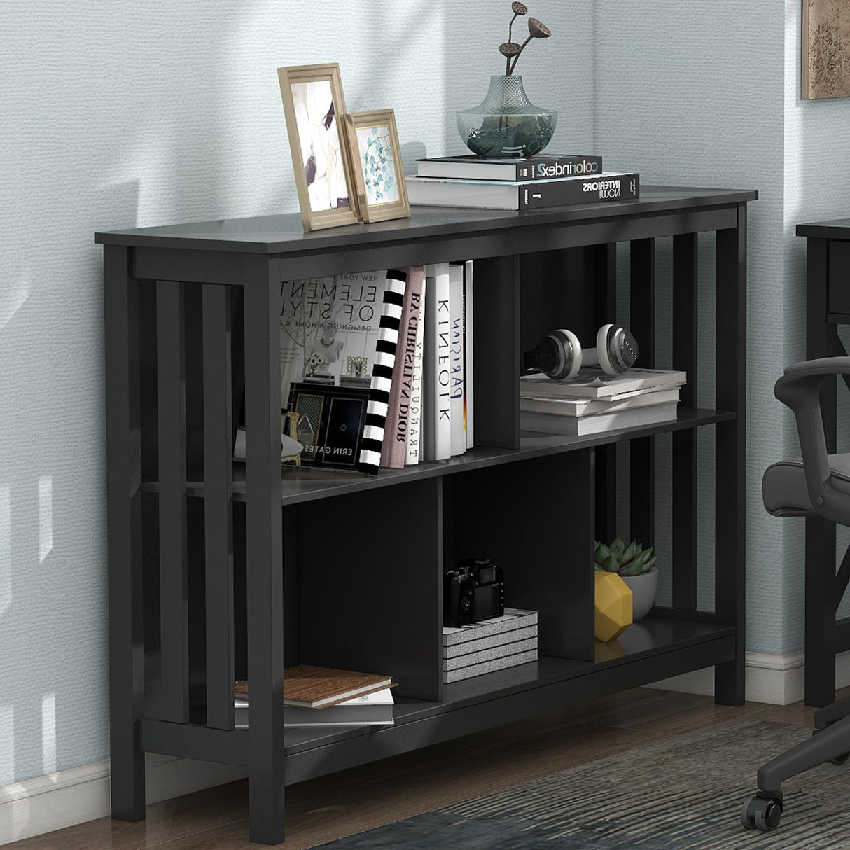 TaoHFE Short Bookshelf with 2-Layer 5 Cube Shelf,Wooden Bookcase Modern Minimalist Style, Horizontal Bookshelf for Living Room, Classroom, Bedroom, Book Shelf with Storage Cube Bookcase, Black TaoHFE