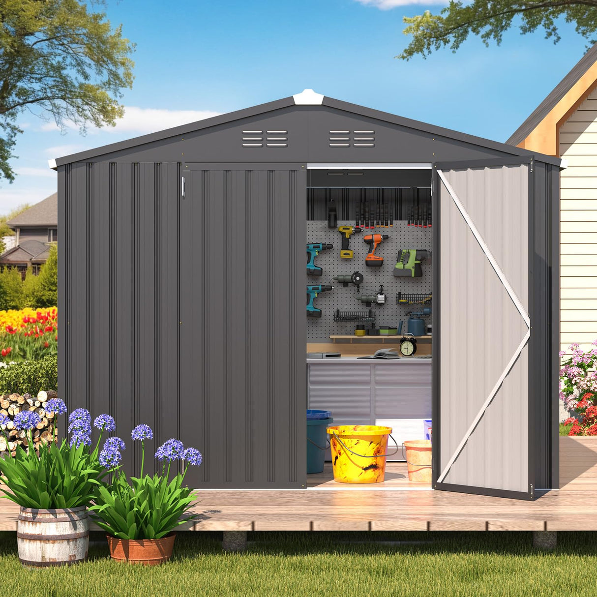 AECOJOY Shed 8' x 6' Metal Storage Shed for Outdoor, Dark Grey Steel Backyard Shed (53 Sq.Ft Land) with Design of Lockable Doors, Utility and Tool Storage for Garden, Backyard, Patio, Outside use AECOJOY