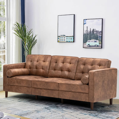 Lesofair 84" Suede Leather Sofa with 2 Soft Pillows, Tufted Modern Sofa with Sturdy Wooden Legs, 3 Seats Couch for Living Room, Office, Bedroom, Brown