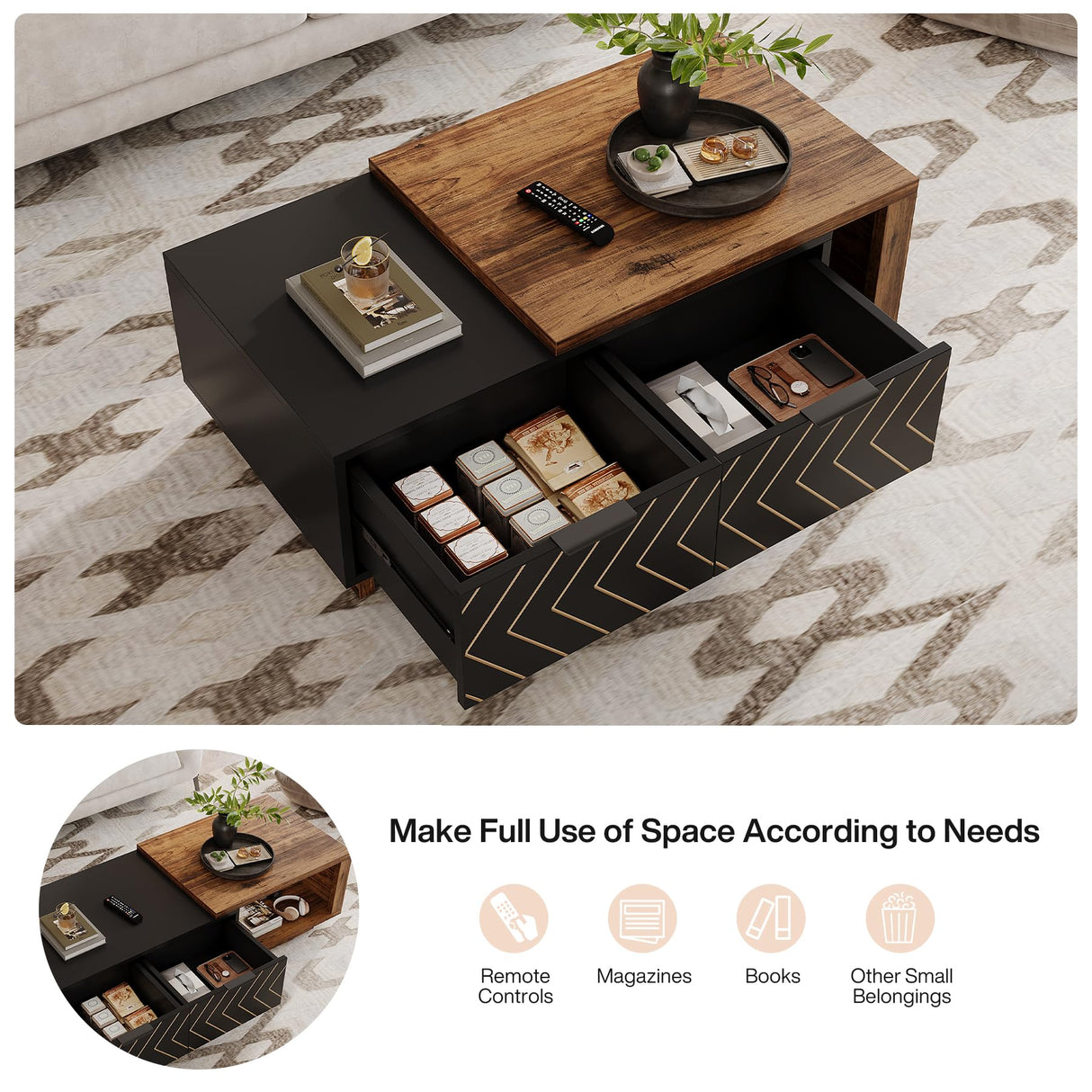 Tribesigns Extendable Coffee Table, 42"-65" Length Adjustable Reversible Wood Coffee Table with 2 Storage Drawers for Living Room, Large Long Rectangular Dual-Tone Center Table (Brown & Black) Tribesigns