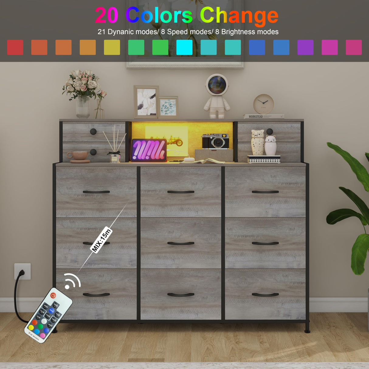 Welfuturer Grey Dresser with Power Outlets and LED Lights 13 Drawers Long Dresser for Bedroom Faux Leather Fabric Chest of Drawers for Living Room Hallway Entryway Closets Sturdy Frame Wood Top Welfuturer