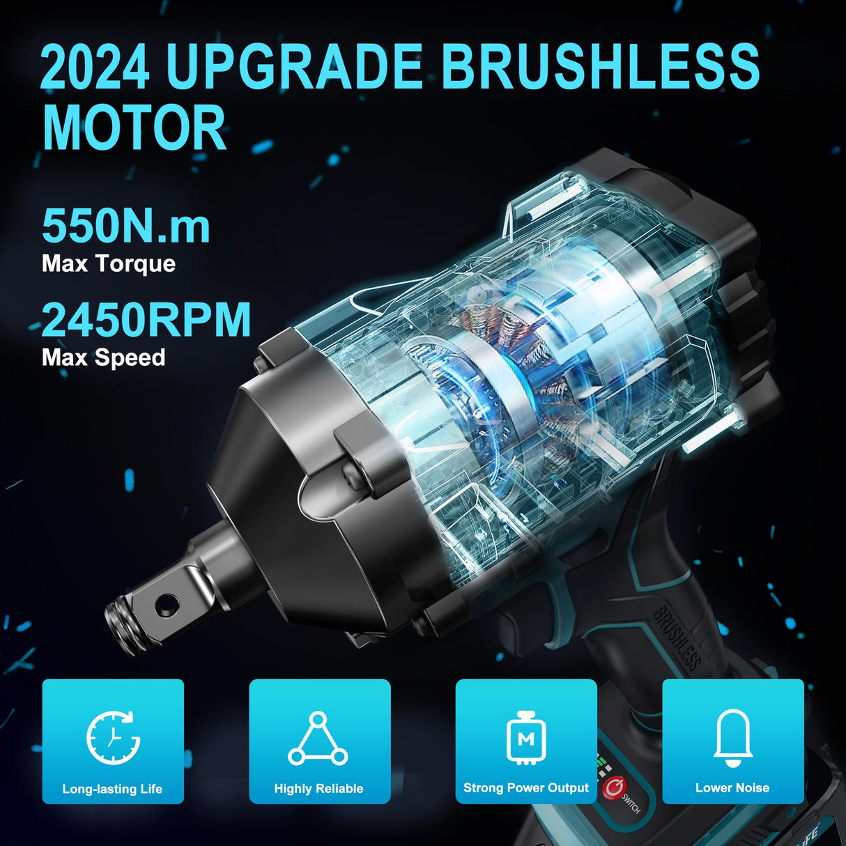 GEVEELIFE 550N.m/400Ft-lbs Brushless Impact Wrench,1/2" Cordless Impact Gun w/ 2x3.0Ah Battery & 6 Sockets, 2450RPM Power Electric Impact Driver for Car/DIY Furniture/Lawn Mower, Blue Toolbox GEVEELIFE