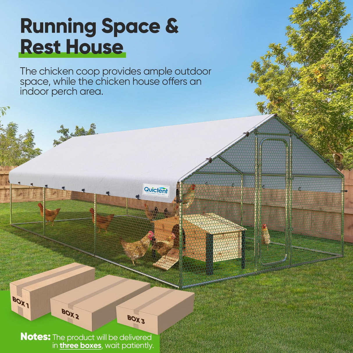 Quictent Large Metal Chicken Coop Run W/Nesting Box for 30+ Poultry with Heavy Duty Wire Mesh and Waterproof Roof Cover, Outdoor Walk-in Cage Peak Hen House for Yard Farm, 18x9x6.6FT Quictent