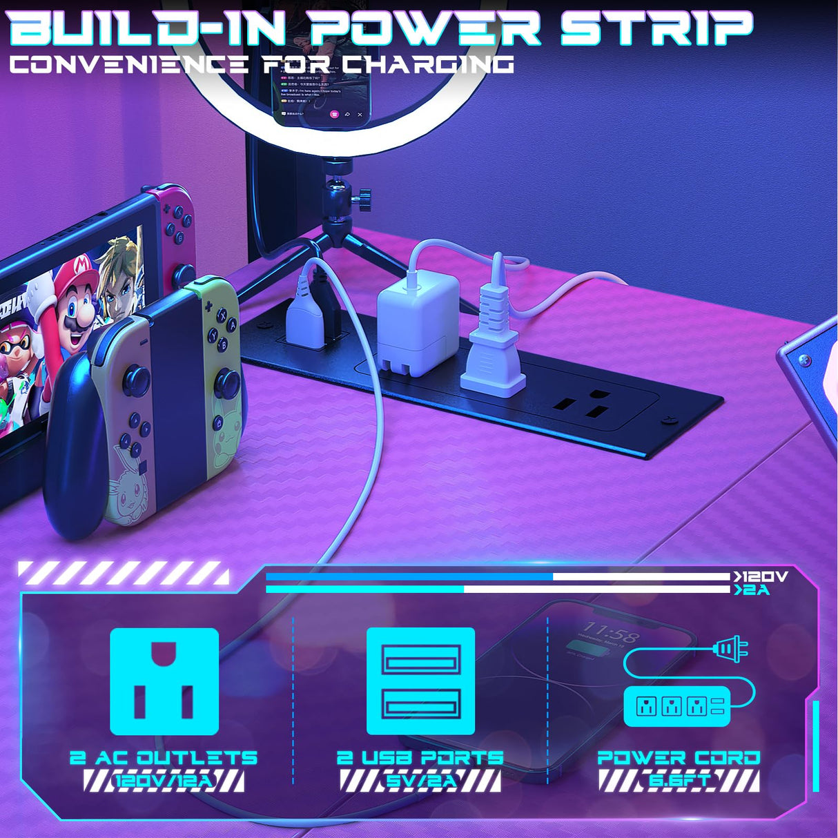 Homieasy Small Gaming Desk with Power Outlets Pegboard LED Light, 43 Inch L Shaped Computer Desk with Monitor Stand Storage Shelves, Reversible Corner Desk with Headset Hooks, Carbon Pink Homieasy