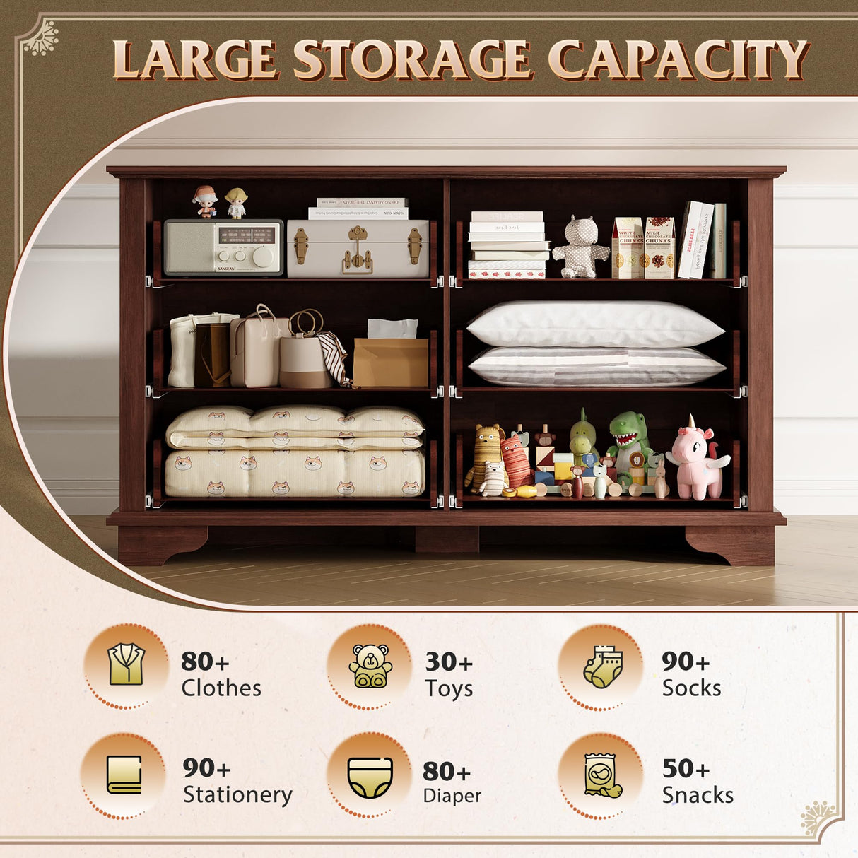 WLIVE Wood Dresser for Bedroom with 6 Drawer, 51.97'' Wide, Farmhouse Long Storage Dresser Organizer with Roman Metal Handle, TV Stand for 60 inch TV, Chest of Drawers for Living Room, Hallway, Brown WLIVE