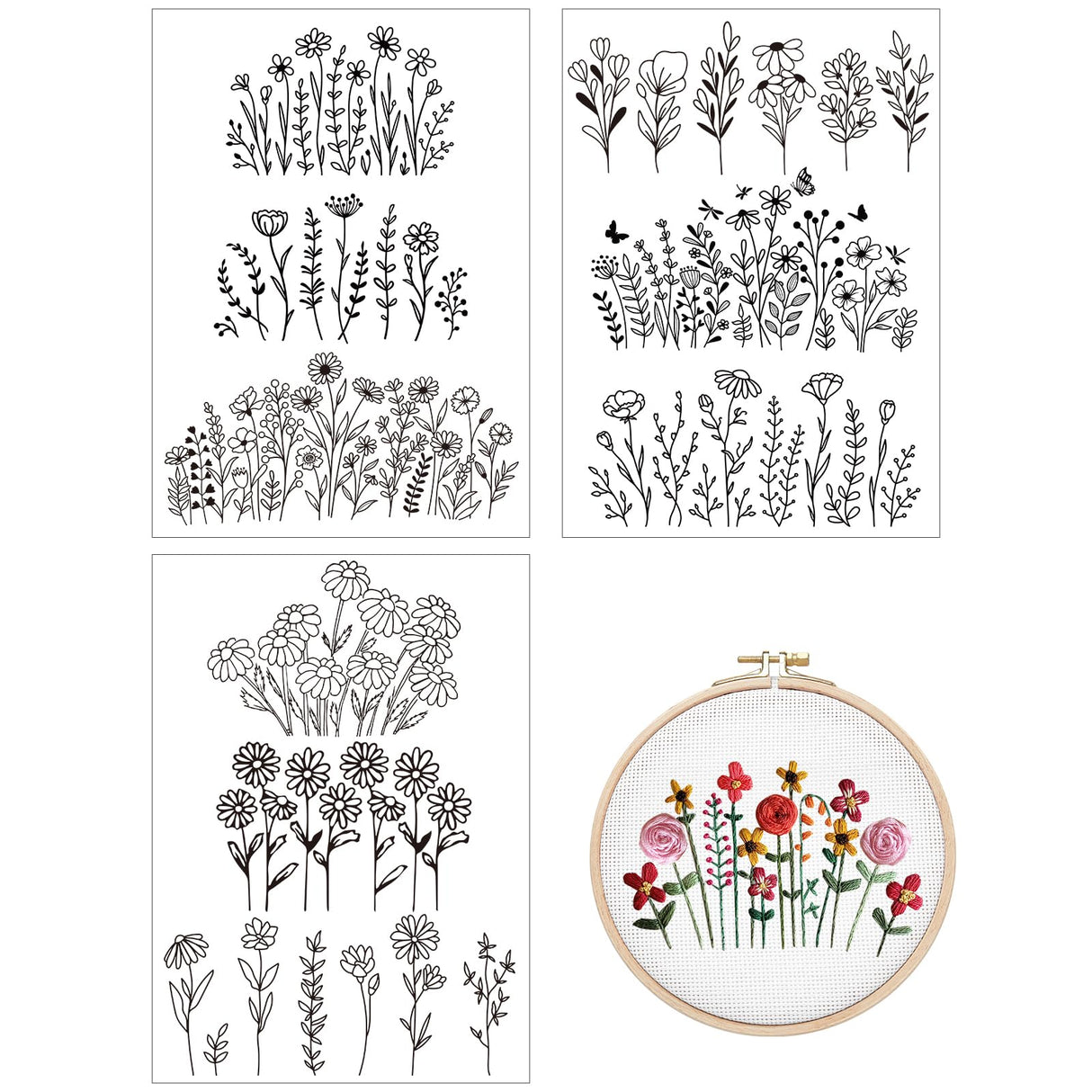 Water Soluble Embroidery Patterns Stabilizers - Rngmsi 3 Sheets Flower Stick and Stitch Embroidery Paper Wash Away 20Pcs Daisy Leaves Butterfly Embroidery Transfer Paper Stabilizers for Hand Sewing Rngmsi